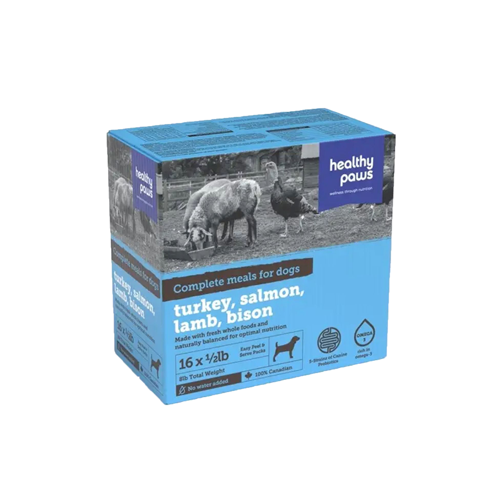 Healthy Paws - Dog - Frozen Raw Complete Dinner Variety Pack - Turkey(4), Salmon(4), Lamb(4), Bison (4)