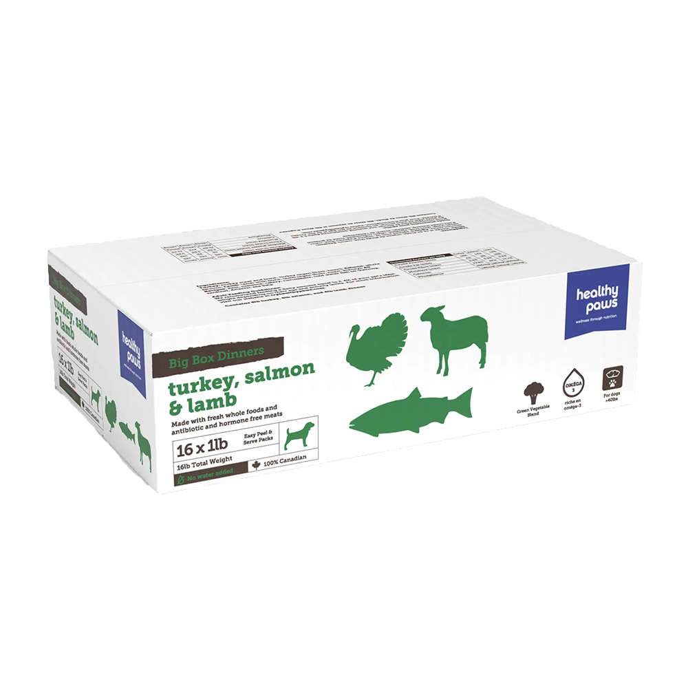Healthy Paws - Dog - Frozen Raw Big Box Dinner Variety Pack - Turkey(6), Salmon(6), Lamb(4)