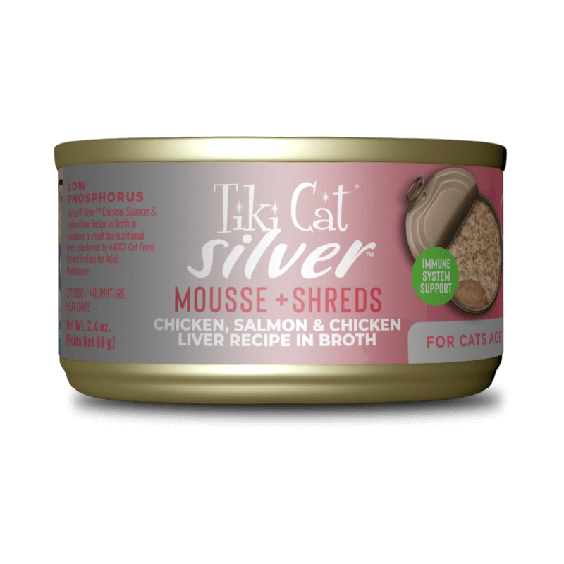 Tiki Cat Silver Mousse Shreds Chicken Salmon in Broth