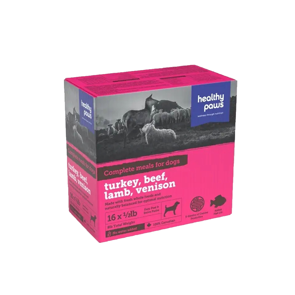 Healthy Paws - Dog - Frozen Raw Complete Dinner Variety Pack - Turkey(4), Lamb(4), Venison (4)