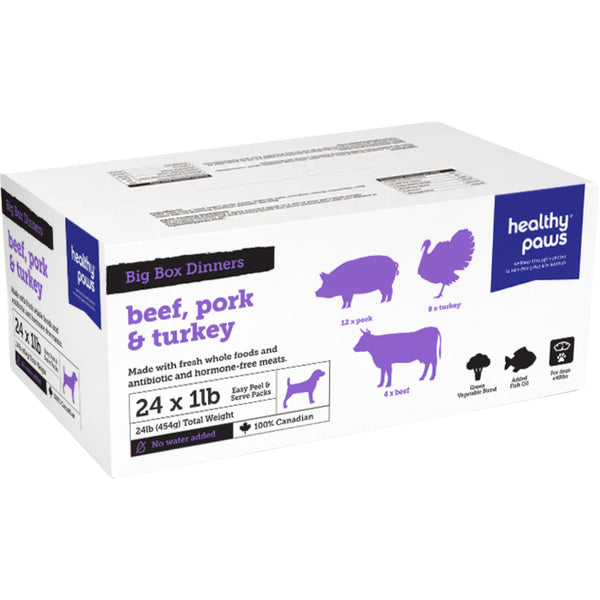 Healthy Paws - Dog - Frozen Raw Big Box Dinner Variety Pack - Pork(12), Turkey(8) and Beef(4)